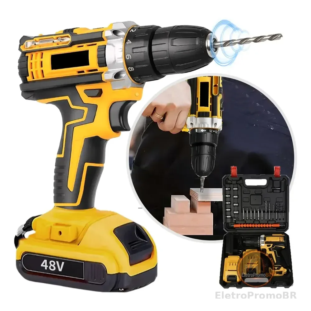 Parafusadeira Furadeira 48v Profissional 2 Baterias Sem Fio Amarelo 127/220v