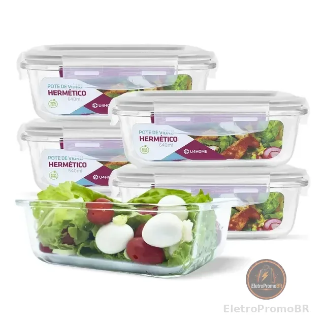 Conjunto 5 Pote Vidro Hermético Marmita Tampa Plástico 640ml