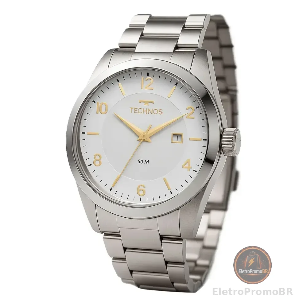 Relógio Technos Masculino Steel Prata Quartz Aço Inox Com Calendário Prateado Branco