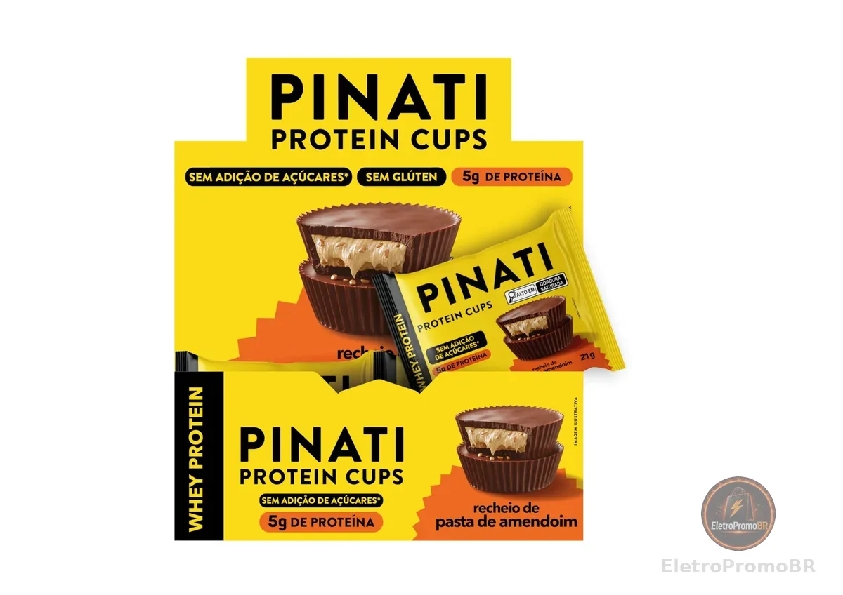 PINATI Chocolate recheado proteico CUPs Amendoim 21g - 5g de proteina - 18 unidades