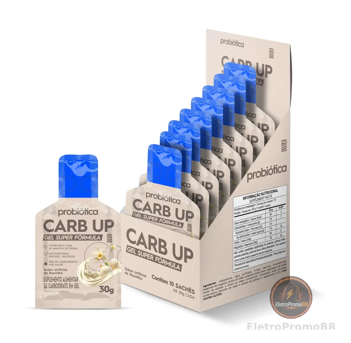 Carb UP Gel Super Fórmula -Baunilha, Probiótica, 10 Sachês 30g