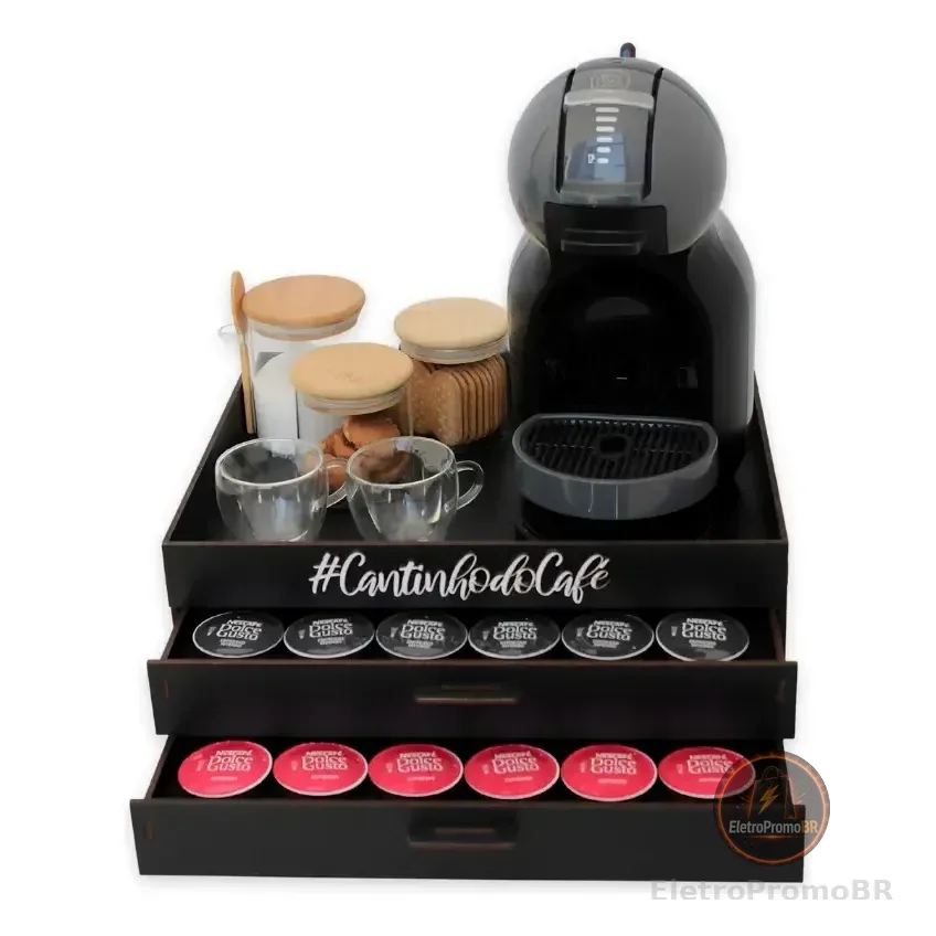 Bandeja Comoda 2 Gavetas Porta Cápsula Café Dolcegusto Preta Preto