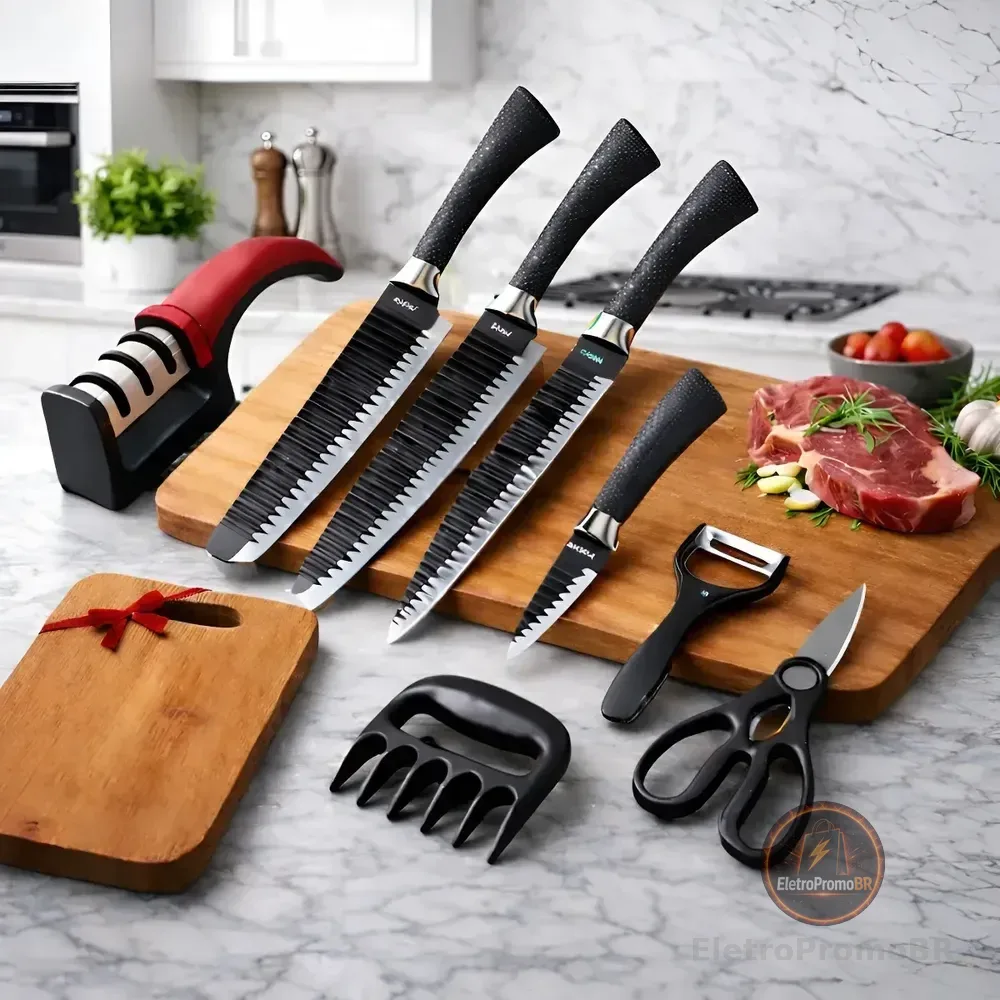 Jogo De Facas Inóx Conjunto 8 Peças Kit Cozinha Churrasco Premium + Tábua Aquattro Preto