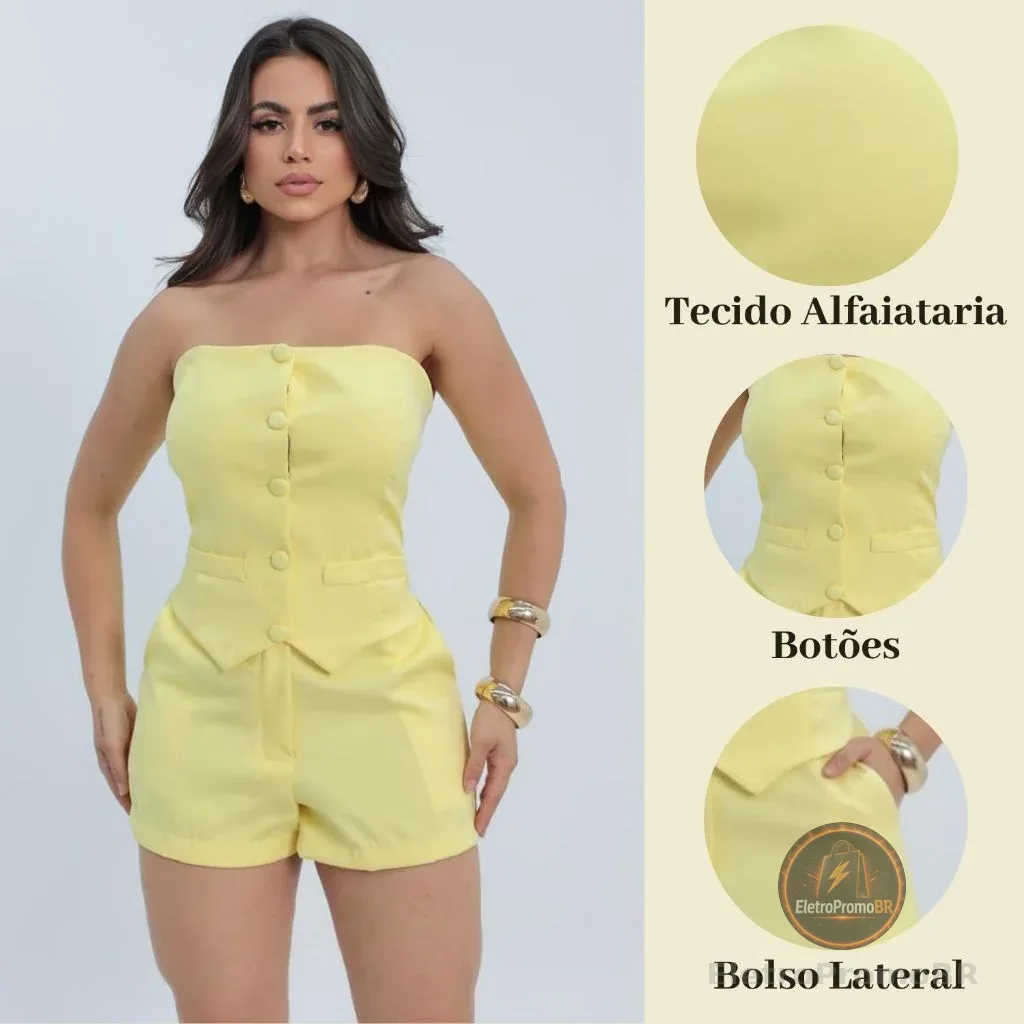 Conjunto Alfaiataria Feminino Tomara que Caia com Botões + Short Elegante P ao GG