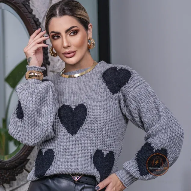 Blusa Coração Pelinho Feminina Tricô Lã Fang Manga Longa Bufante Oversize Inverno Frio Laffy Tricot