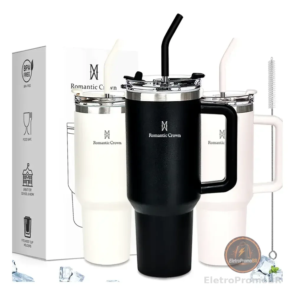 Copo Térmico Gigante 1,2l Inox Com Tampa E Inox Canudo Cor Preto Cor Pura / Material Fosco