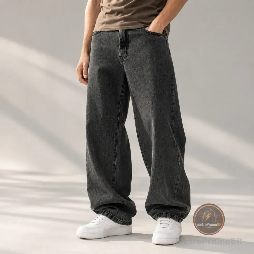 Calça Balão Baggy Oversize Jeans Masculina Moderna Premium Preto Liso 40