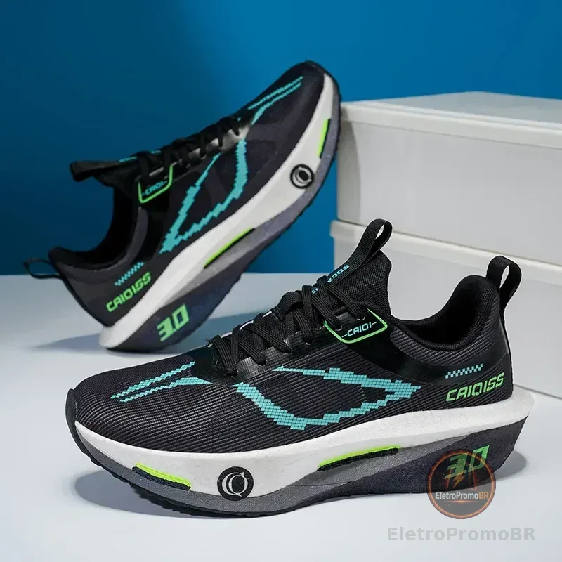 Tênis De Corrida Caiqiss Com Placa De Fibra De Carbono Preto Geométrico 37