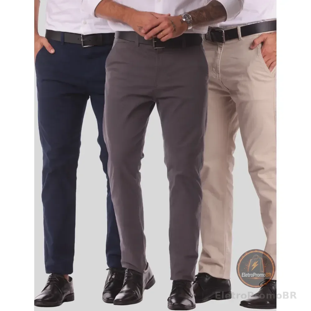 Kit 3 Calça Masculina Sarja Slim Alfaitaria Esporte Fino Bege-chumbo-azul Marinho 36