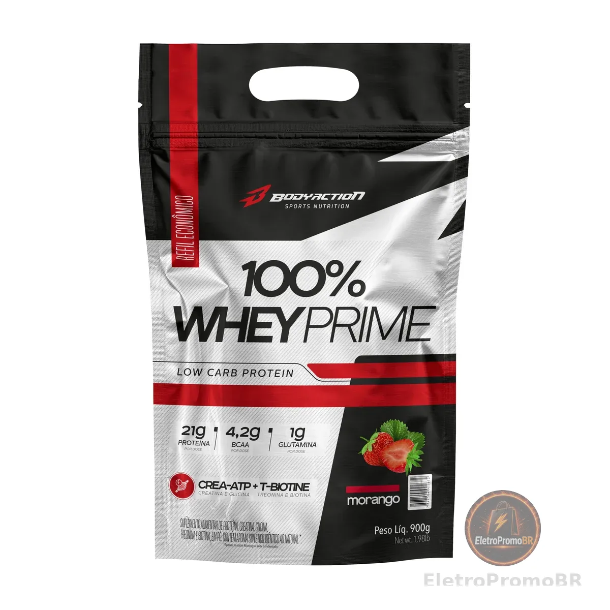 100% Whey Prime Refil 900g Sabor Morango Bodyaction