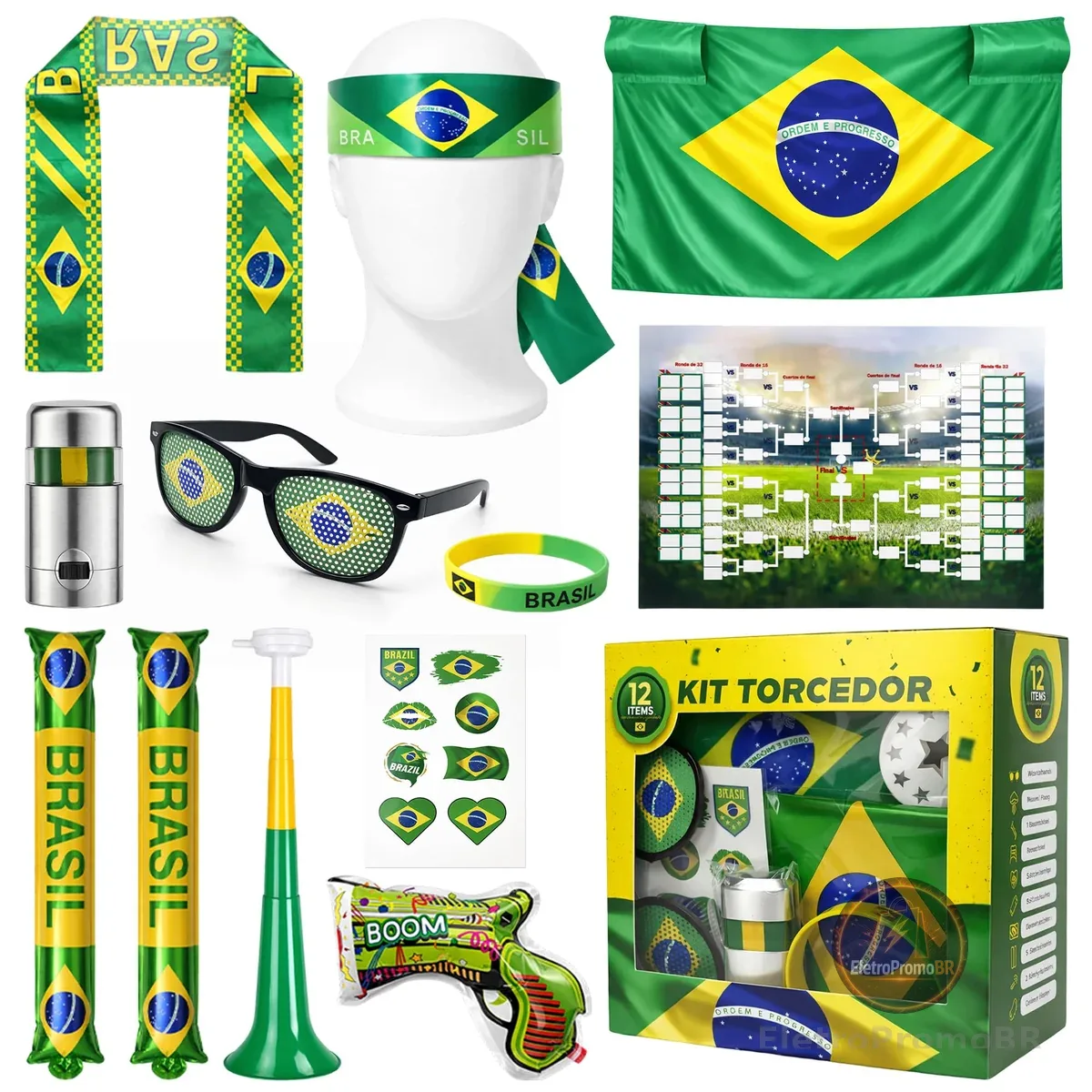 MBOX Kit Torcedor Brasil Copa 2026 12 Peças – Fantasia Completa com Faixa Cabeça, Óculos, Bandeira 150x90cm, Bastões Infláveis, Corneta, Tinta Facial e Lança Confete – Festa Churrasco