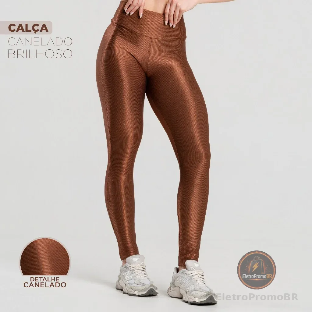 Calça Legging Fitness Feminina – Canelada Cintura Alta Modeladora com Brilho