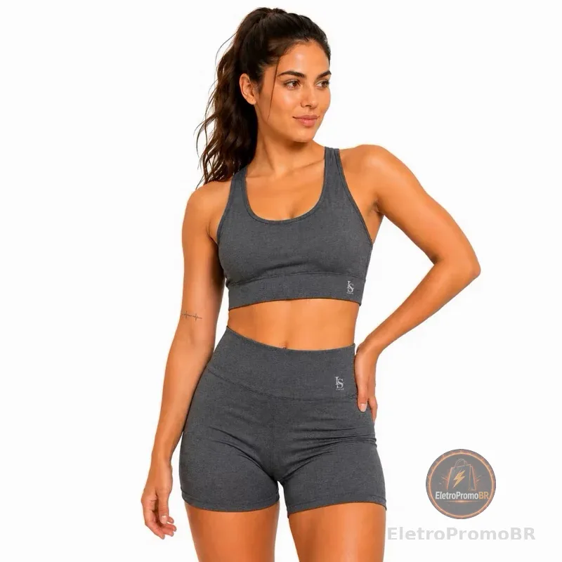 Conjunto Feminino Top + Shorts de Cintura Alta Cor Cinza