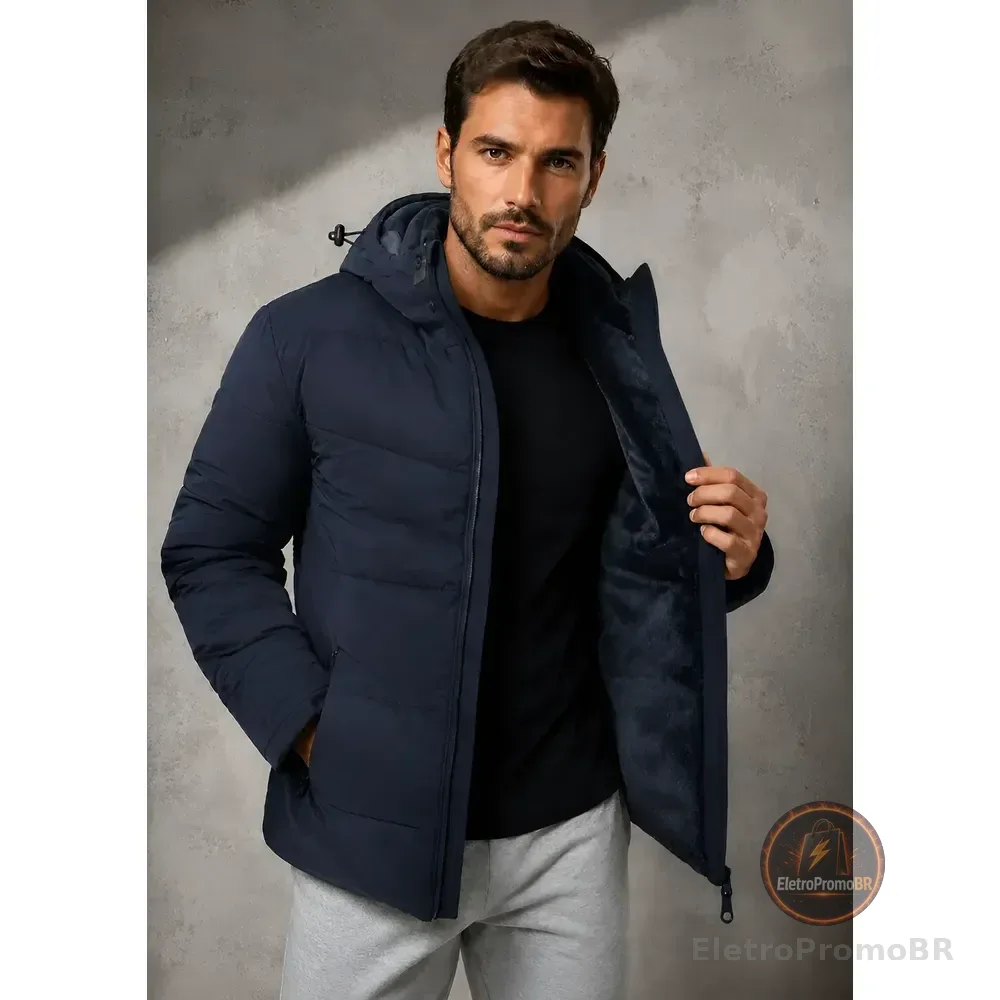 Jaqueta Puffer Masculina Térmica Com Capuz Forro Interno Azul-marinho G Lisa
