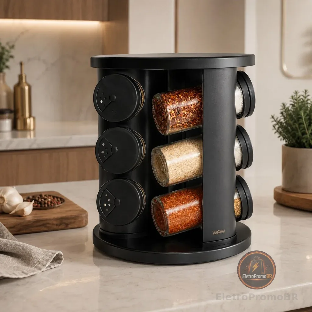 Porta Temperos Giratório Com 9 Potes De Vidro Cor Preto