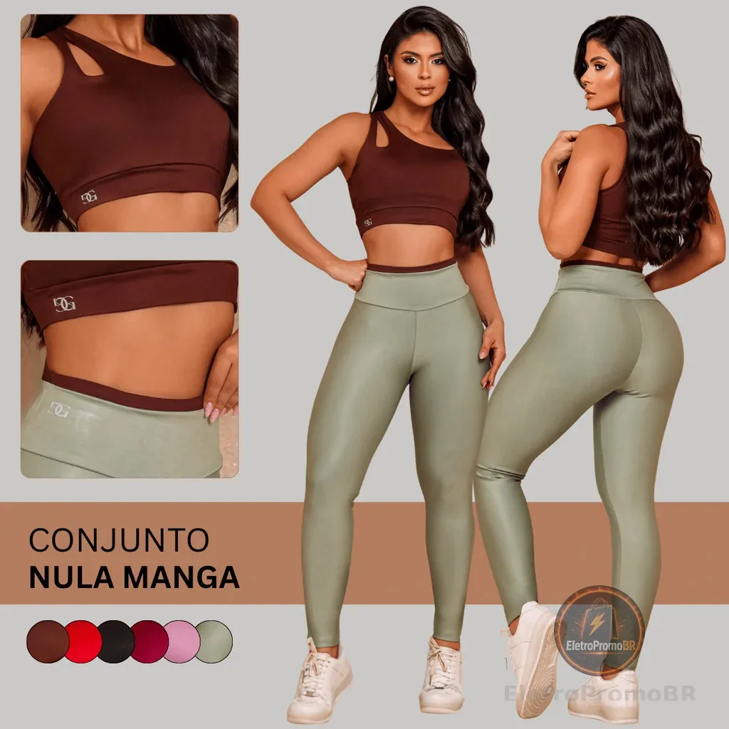 Conjunto de Academia Feminino Top Nula Manga Calça Zero Transparência Moda Fitness