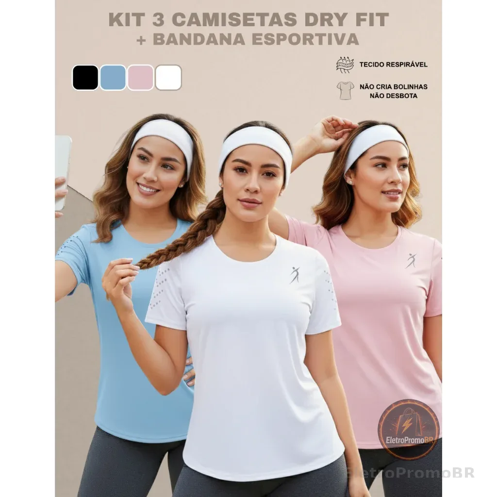 Kit 3 Camisetas Femininas Dry Fit Academia Fitness Corrida Treino Esportivo Confortável Fresquinha