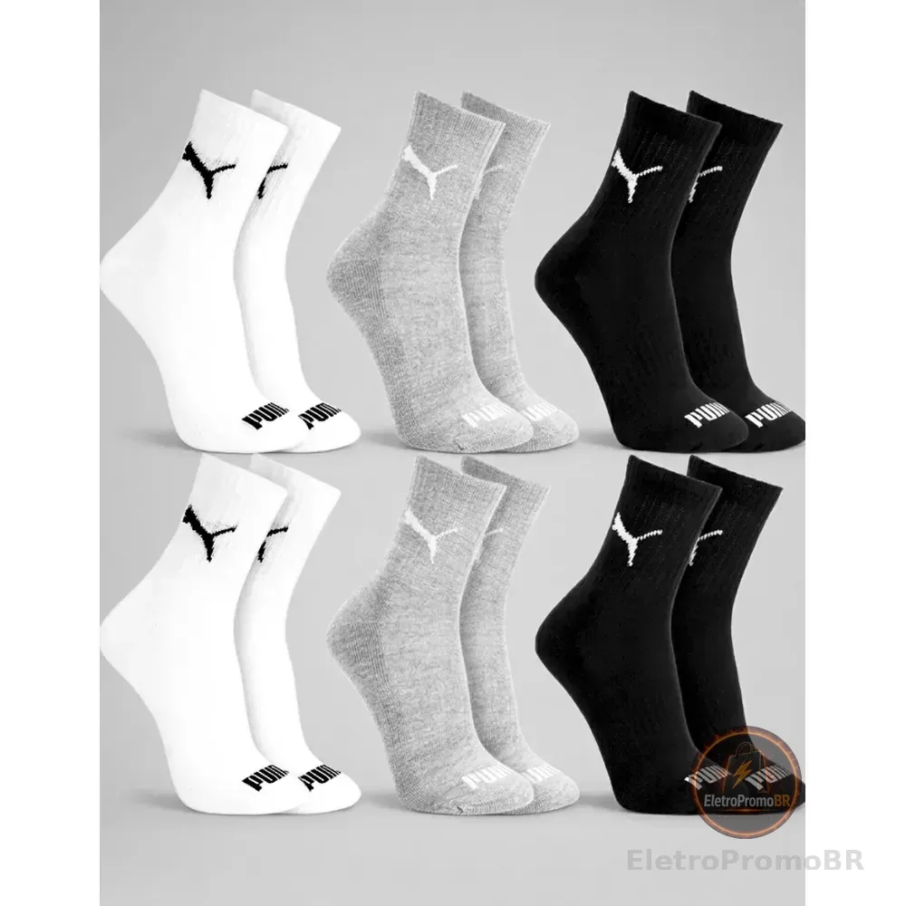Kit 6 Pares Meia Puma Masculina Cano Médio Alto Longo Branca 6 Pares Sortidos 34 A 39