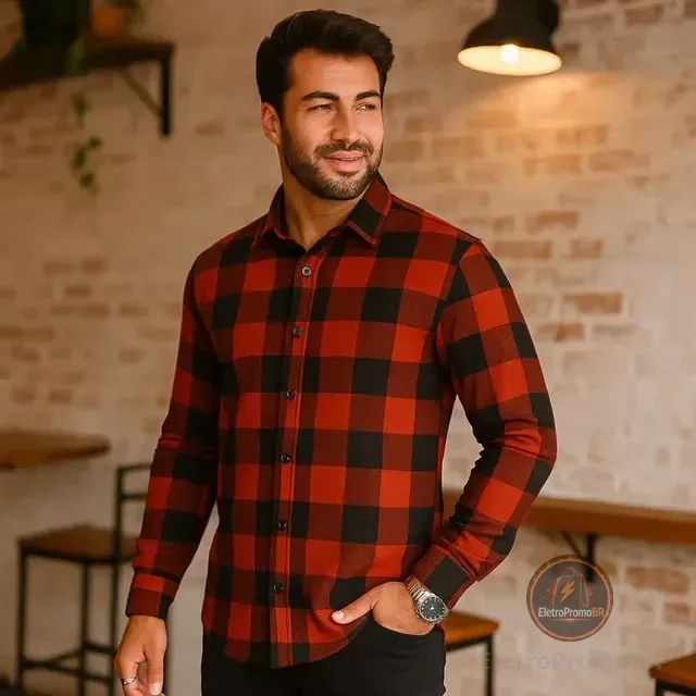Camisa Social Masculina Xadrez Flanela Manga Longa Sem Bolso