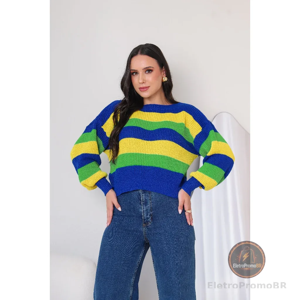 Blusa do Brasil Feminina Tricot Estilosa Elegante Tendência Copa Brazilcore Tricô Manga Longa Fang
