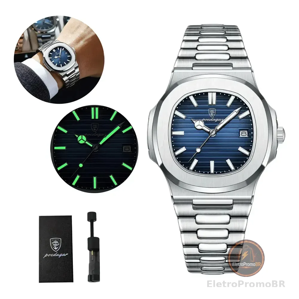 Relógio Luxo Masculino Poedagar Clássico Original Old Money Prateado Azul