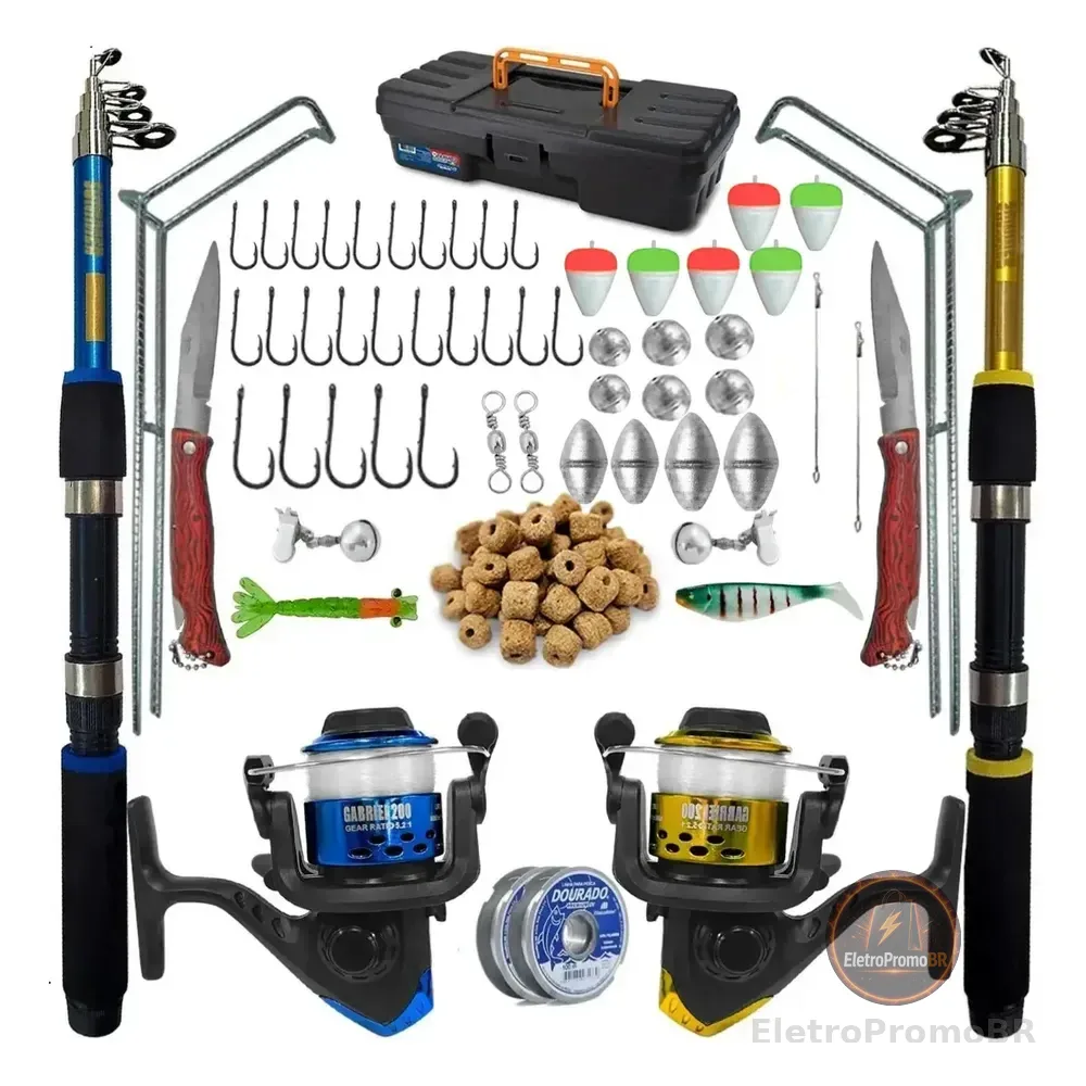 Kit Vara De Pesca Telescópica Summer 1,70m Fibra Vidro 2 Molinetes Preto