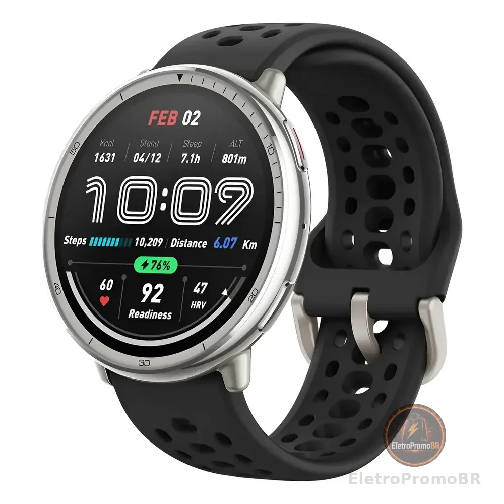 Relógio Smartwatch Amazfit Active 2 Amoled 1,32 Com Gps 5atm Caixa Prateado Pulseira Preto