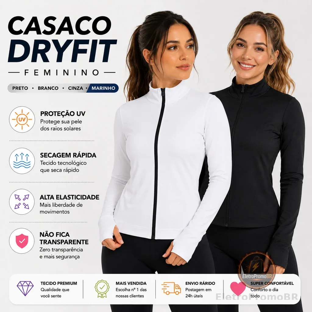 Casaco Dryfit Feminino Casaquinho Fit Proteção Solar UV Zíper Slim Blusa Térmica Academia Treino