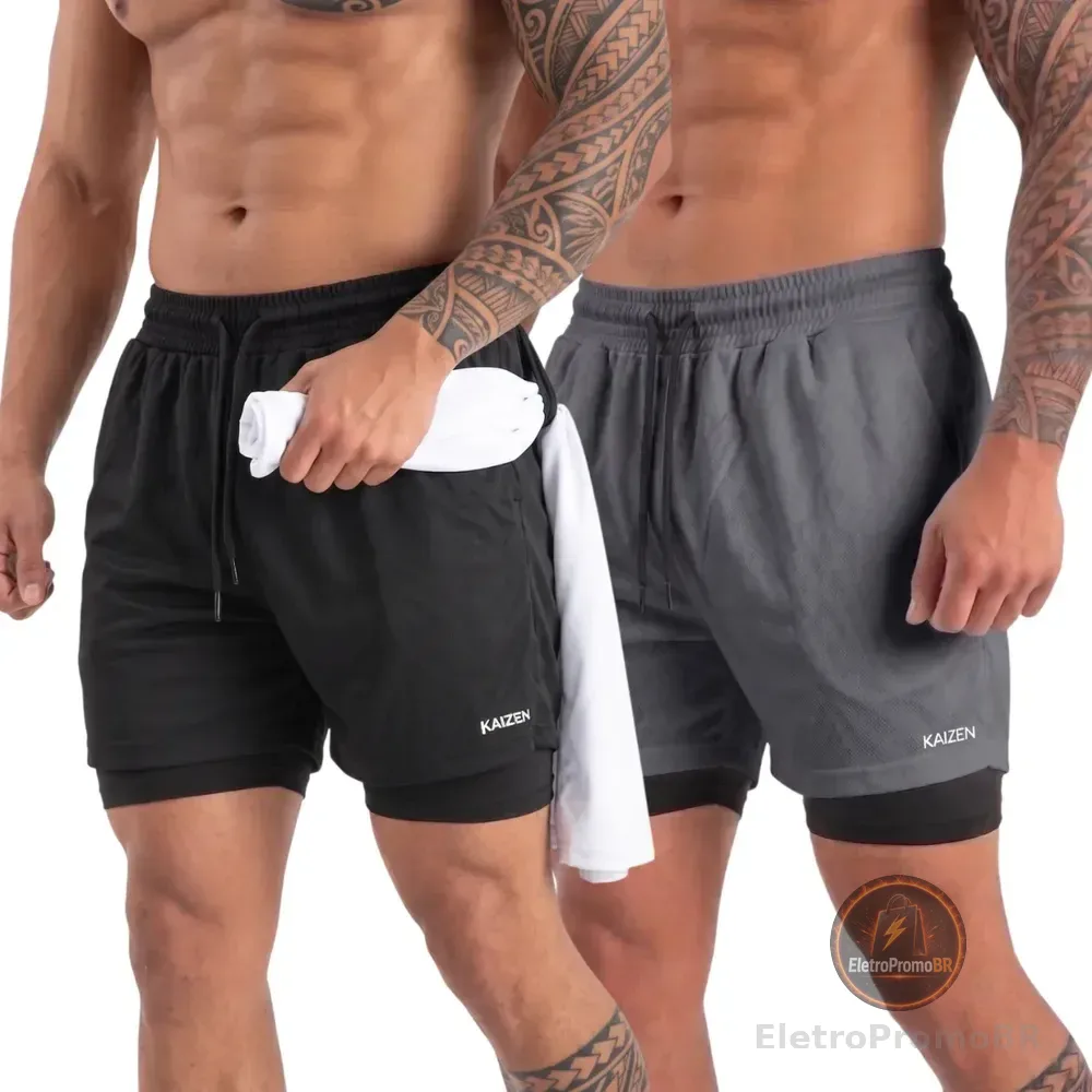 Kit 2 Bermuda Masculina 2 Em 1 Short Compressão Academia Preto E Cinza Lisa G