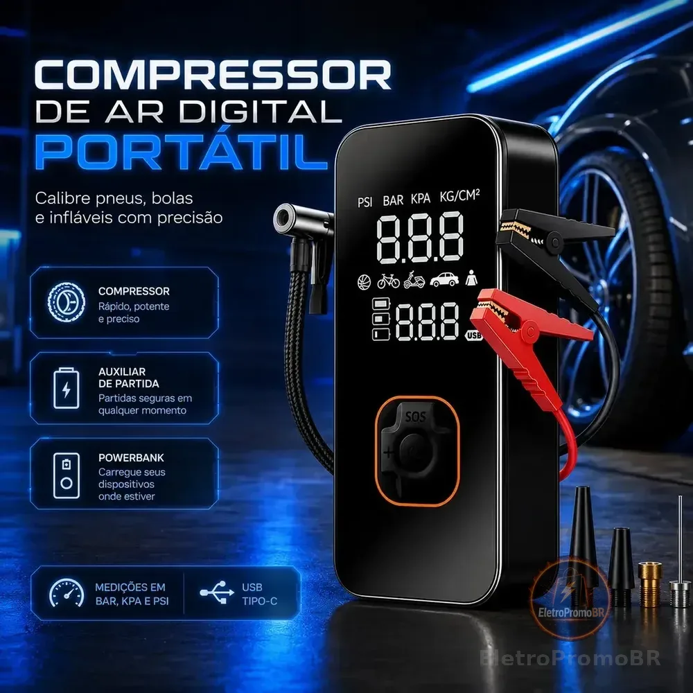 Bomba Elétrica Portátil Digital Para Encher Pneu De Carro Moto Bicicleta Inflador Automotivo Cor Preto 127/220v 50 Hz/60 Hz Monofásica