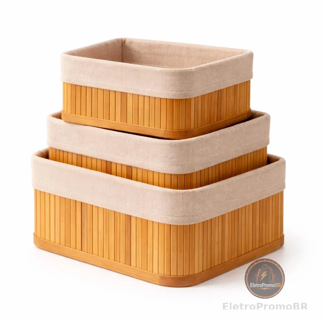 Kit 3 Cestos Organizadores de Bambu com Forro Interno – Cestas Organizadoras Decorativas Multiuso Banheiro, Armário, Lavanderia e Cozinha – Organizadores Naturais Elegantes Pia, Maquiagem e Objetos