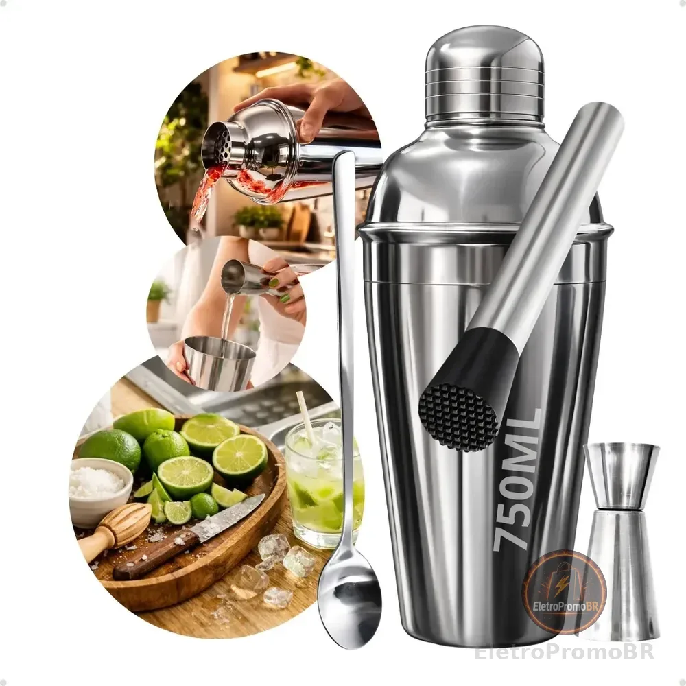 Kit Caipirinha Coqueteleira 750 Socador Dosador Colher Inox