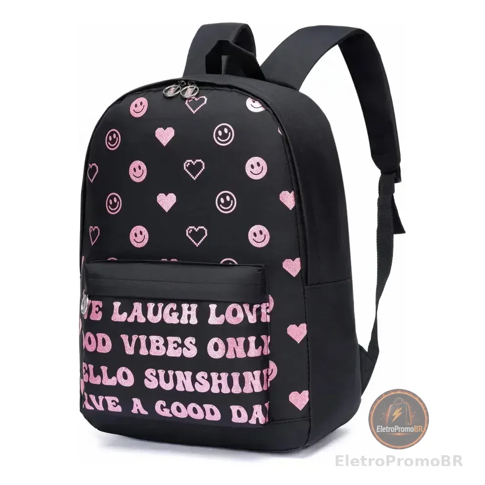 Bolsa Love Feminina Mochila Escolar Spector Reforçada Rosa Corações Estampa Love