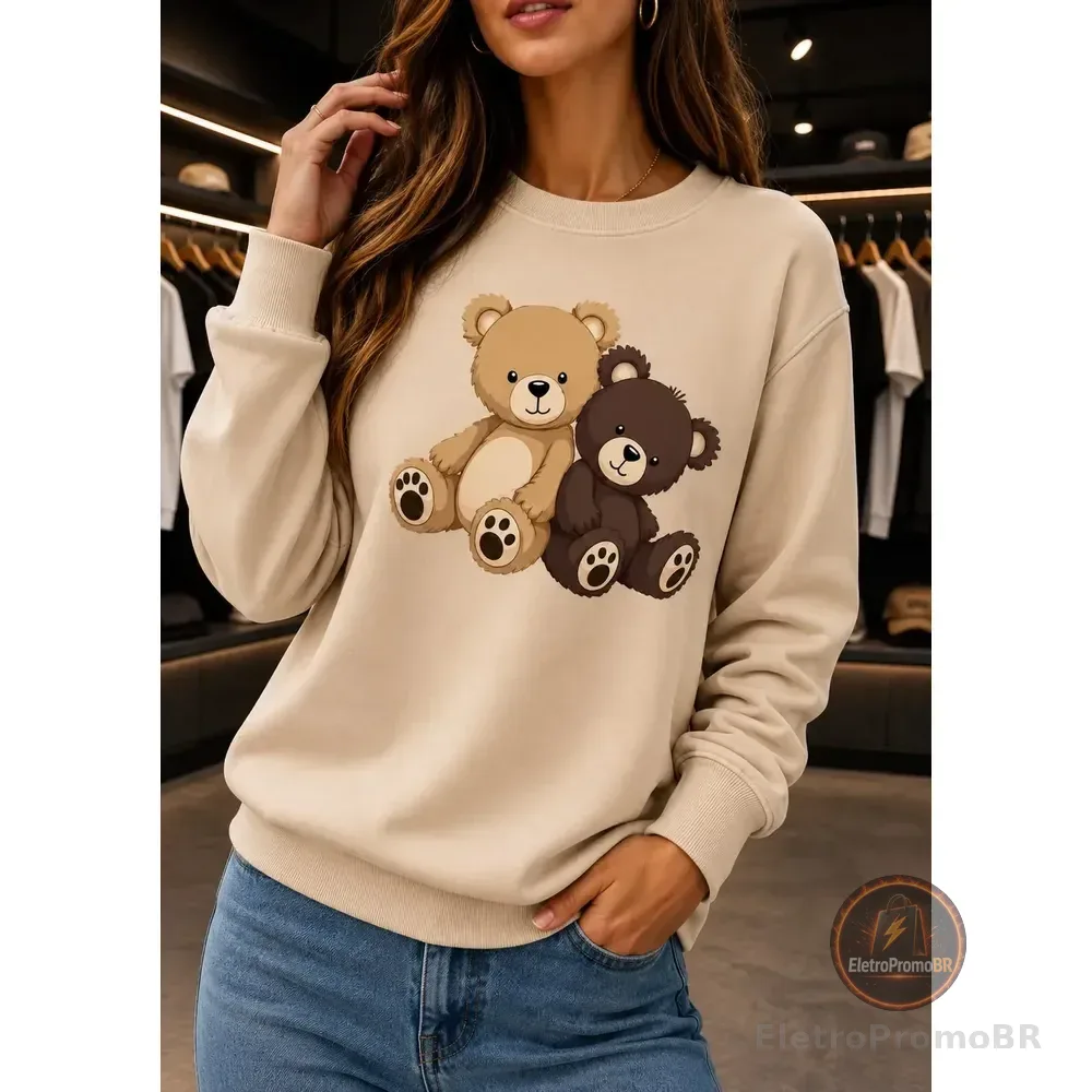 Blusa De Frio Moletom Careca Casaco Feminino Estampa 2 Ursos P Bege 2 Ursos