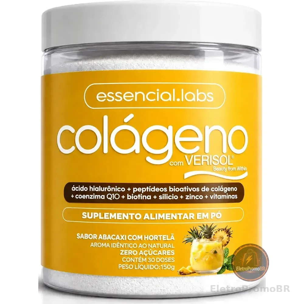 Colágeno Verisol® - Fórmula Exclusiva Com Ácido Hialurônico + Coenzima Q10 + Biotina + Silício + Zinco + Peptídeos Bioativos + Vitaminas - Sabor Abacaxi Com Hortelã - 30 Doses