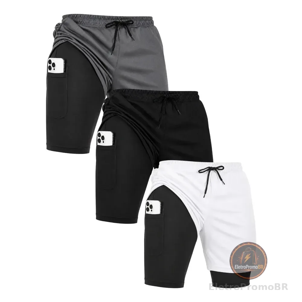 Kit 3 Shorts 2 Em 1 Academia Corrida Bermuda Duplo Com Bolso Preto /cinza /branco Xg