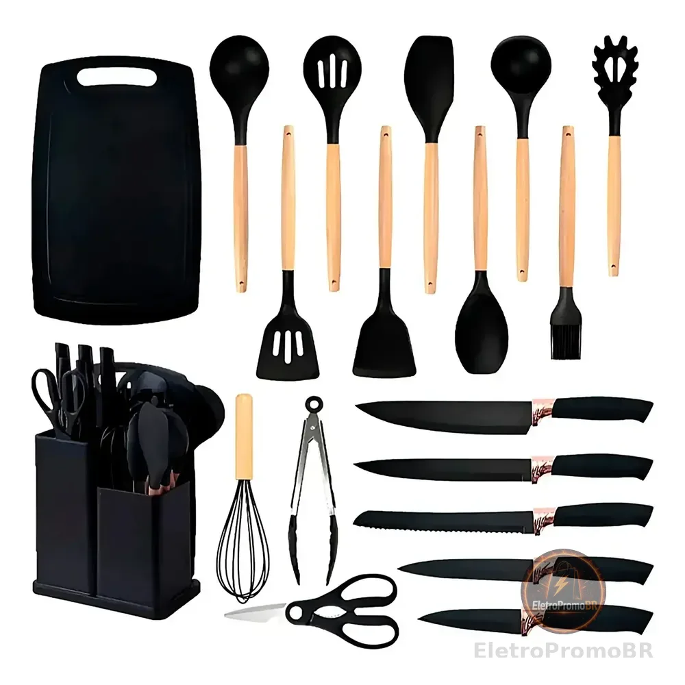 Conjunto 19 Peças Utensílios Cozinha Silicone Preto Helplo