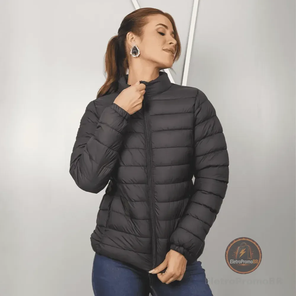 Jaqueta Feminina Nylon Forrada Pelúcida Impermeável Gola Preto Gg