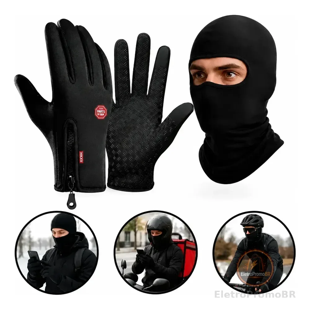 Kit Luva Touch Térmica + Balaclava Moto Bike Frio Preto M