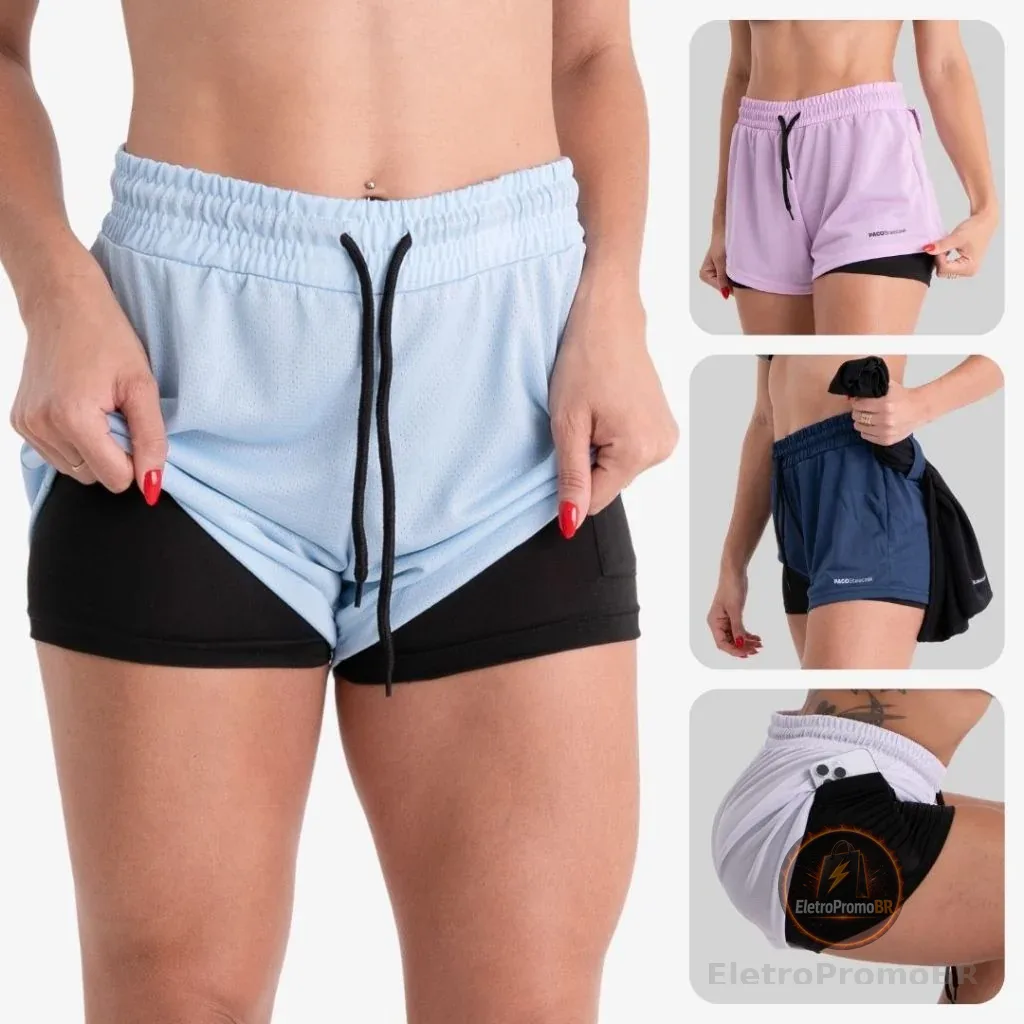 Shorts 2 em 1 Feminino Compressão Academia Caminhadas Corrida Bermuda Dupla Para Treino e Esportes