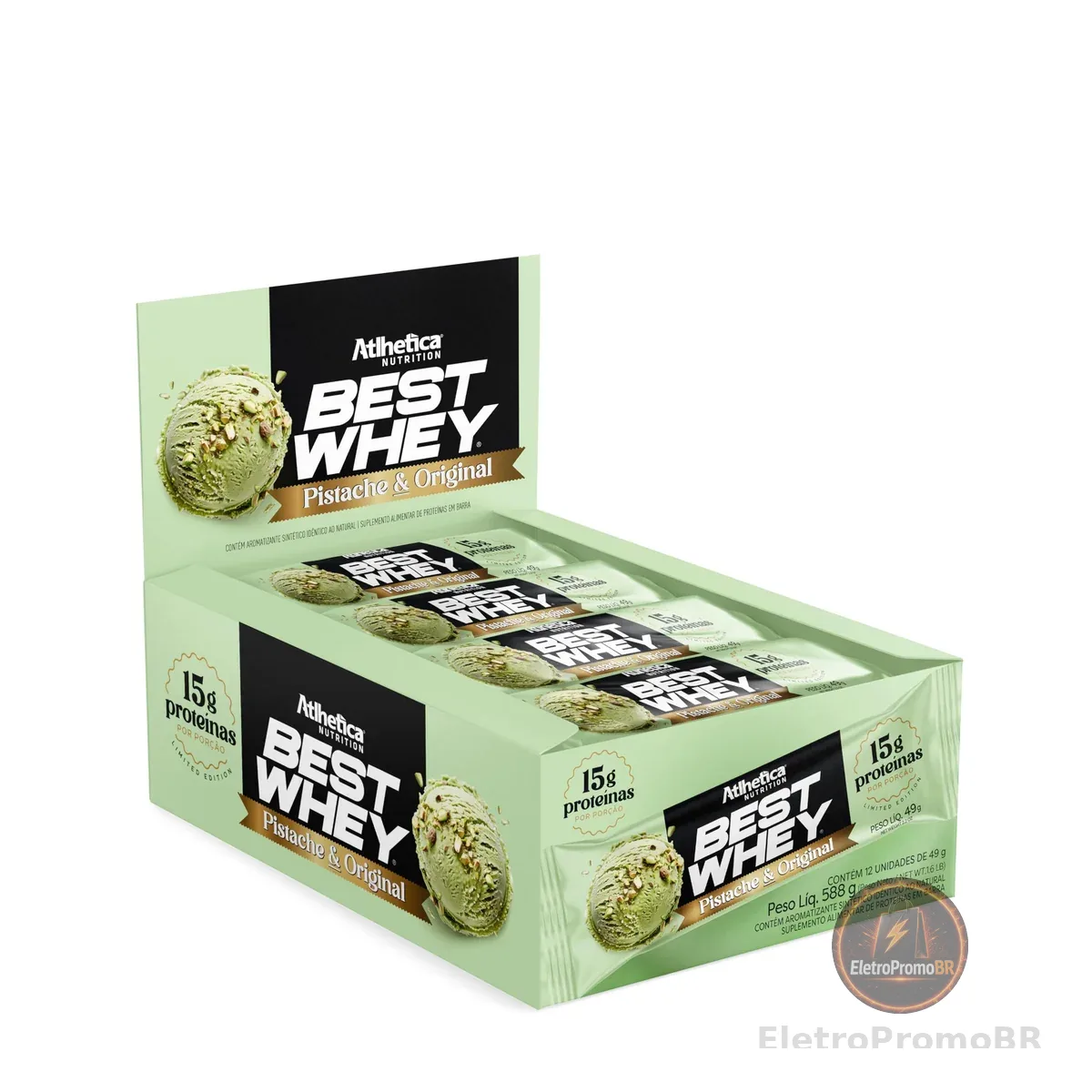 Best Whey Bar Atlhetica Nutrition 15g Proteína – Sabor Pistache com Chocolate Branco – Caixa com 12 Barras de 49g – Zero Açúcar Adicionado – Sem Glúten