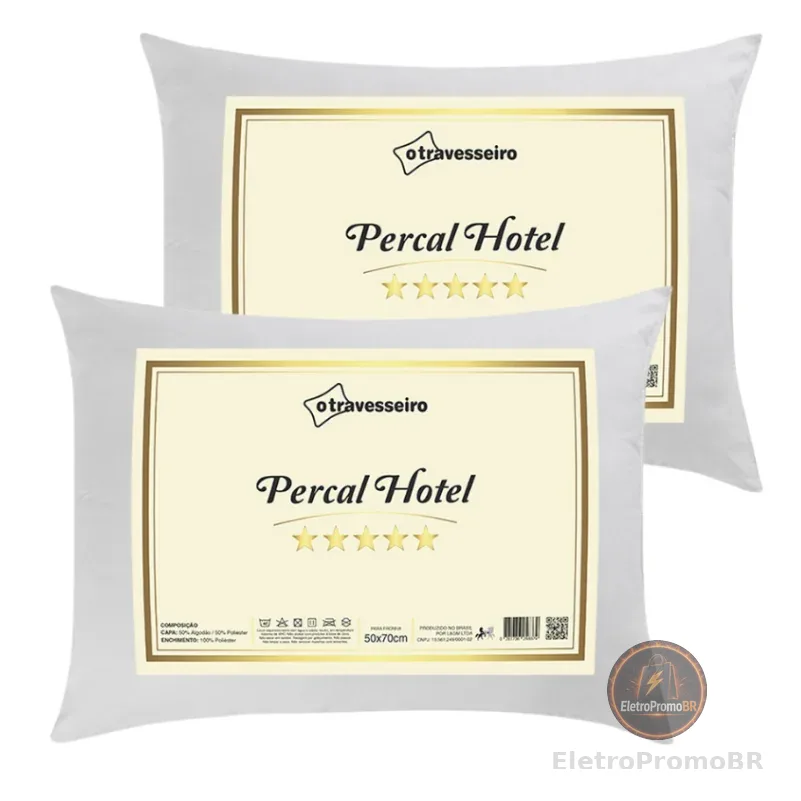 Kit 2 Travesseiro Luxo Percal Hotel 100% Fibra Siliconada Toque macio Lavável