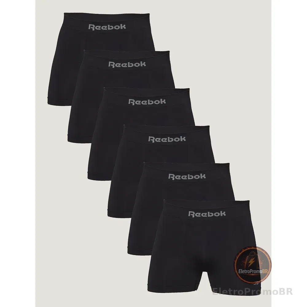 Kit 6 Cuecas Reebok Boxer Masculino Poliamida Preto Liso G