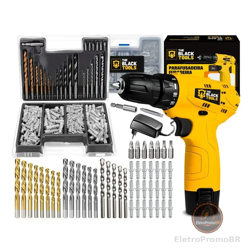 Parafusadeira Furadeira 3/8 A Bateria Tb12a The Black Tools Jogo Brocas E Buchas 300 Peças Amarelo 127/220v 60hz