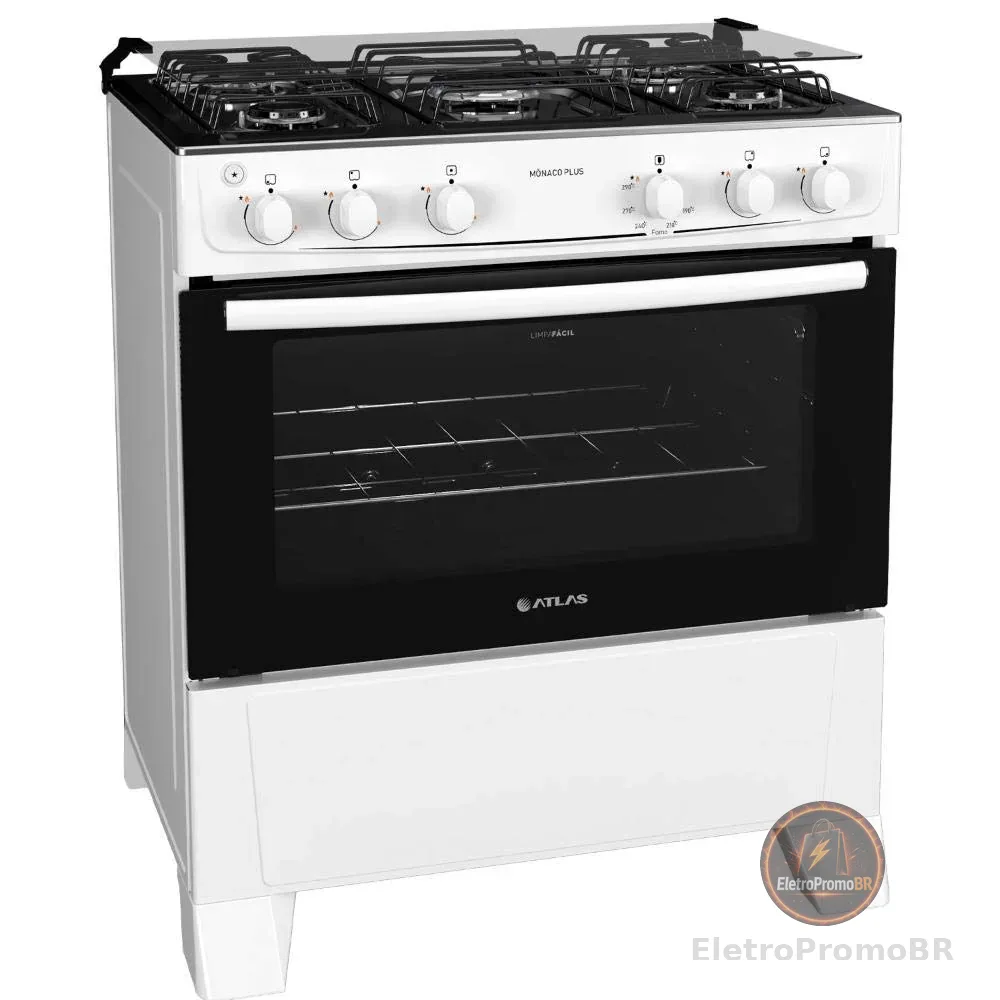 Fogão 5 bocas Atlas Mônaco Plus Branco com Acendimento Automático e Mesa Inox
