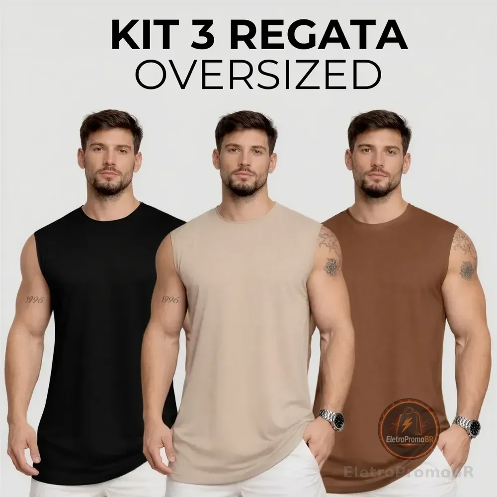 Kit 3 Regata Machão Oversized Masculino Lisa 100% Algodão Preto/marrom/bege G