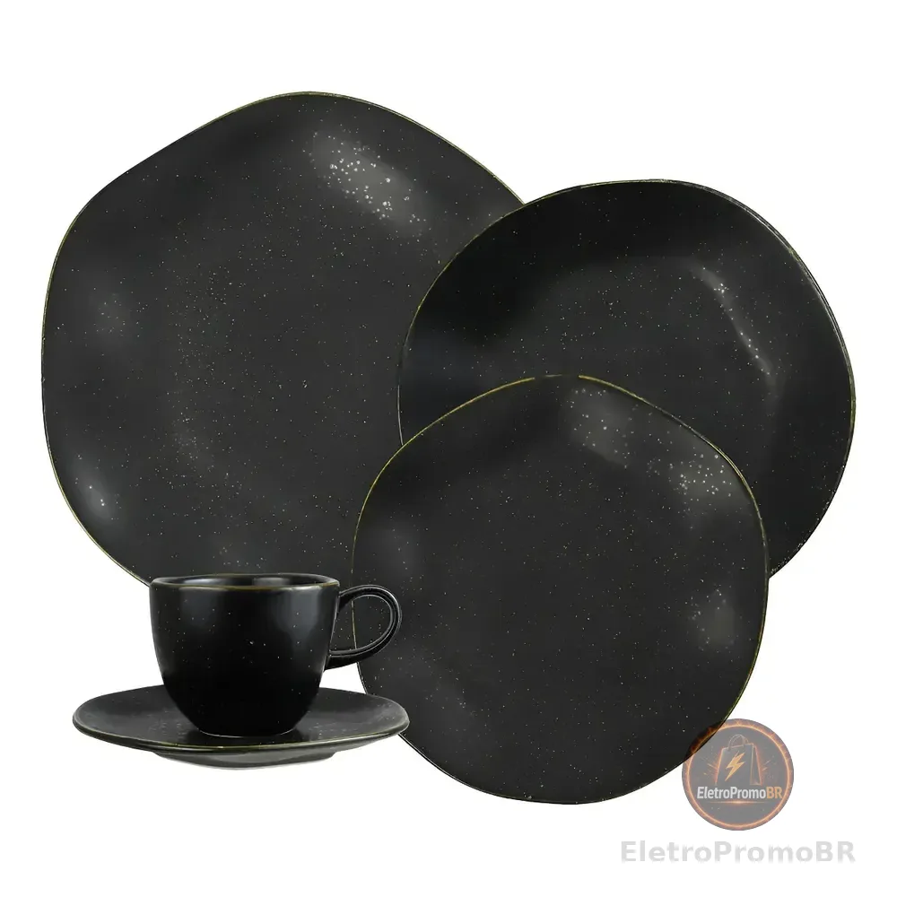 Aparelho De Jantar 20 Peças Volcano Ryo Oxford Porcelana Preto E Dourado Liso Acetinado Com Estalte Reagende