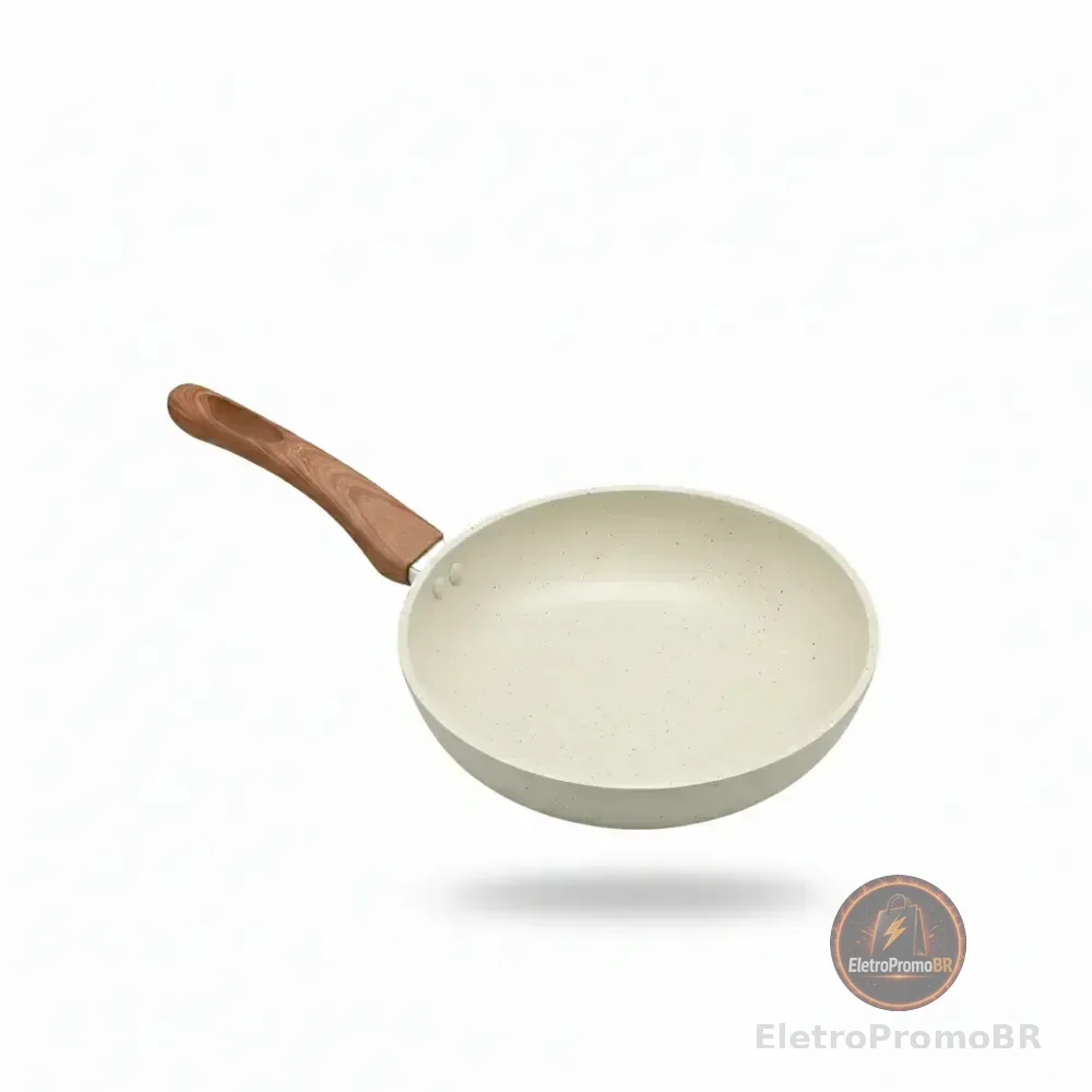 Frigideira Cerâmica Antiaderente Fogão Cooktop Indução Gás Premium Sem Tampa Frita Sem Óleo Não Gruda 2,4 Litros 24 Cm Bege Mundilar
