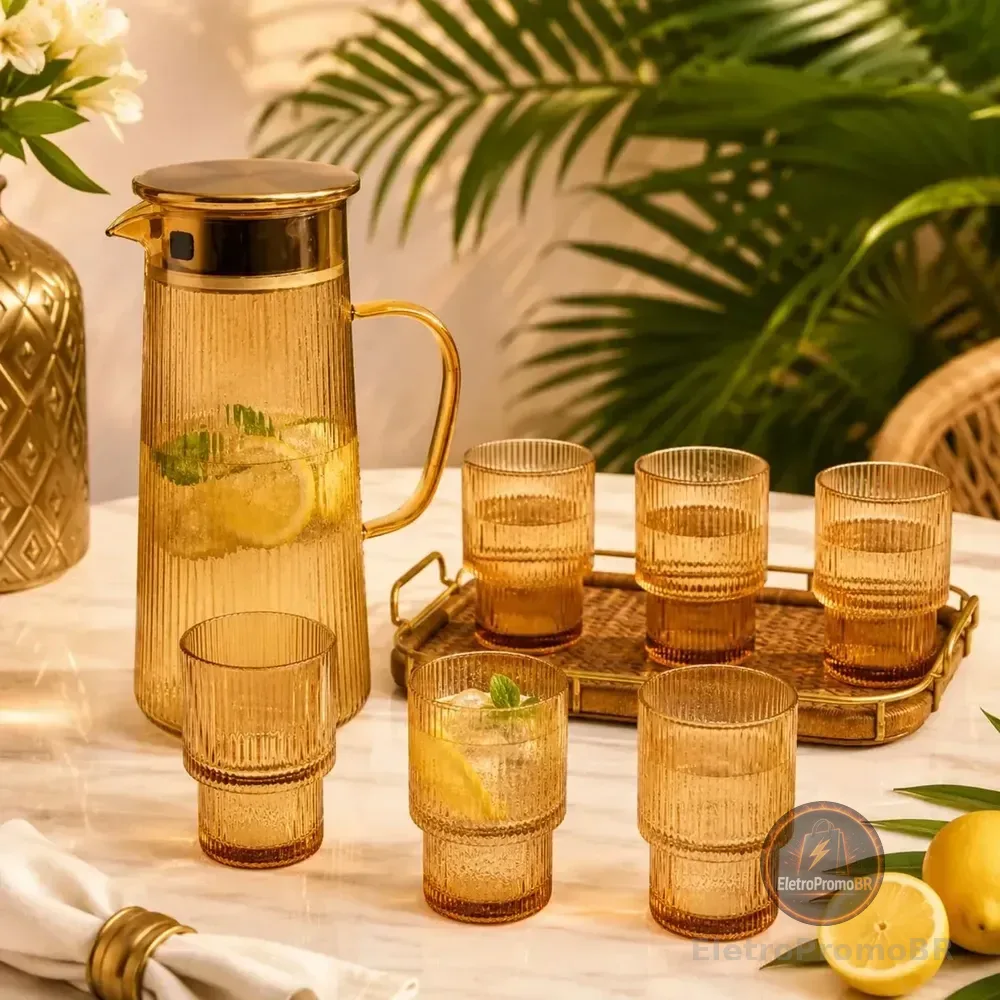 Jogo De Jarra 1,2l Com 6 Copos 200ml Vidro Âmbar Canelado