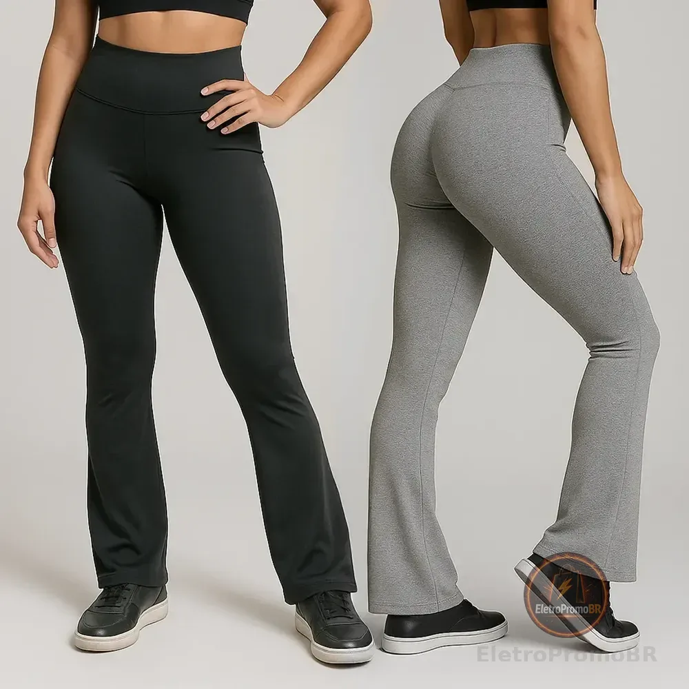 Kit 2 Calças Legging Flare Boca De Sino Grossa Cintura Alta Preto/cinza G